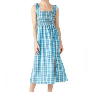 Nicholas Blue Smocked Plaid Apron Midi Dress Sz 16